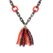 Erickson Beamon Brown / Orange Wood Link Beaded Tassel Necklace