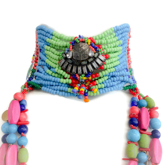 Erickson Beamon Blue / Green / Pink Multi Beaded Choker Drop Necklace
